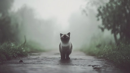 A solitary cat stands on a misty path, surrounded by lush greenery, creating an enchanting and serene atmosphere. The soft fog envelops the scene, inviting curiosity.の素材