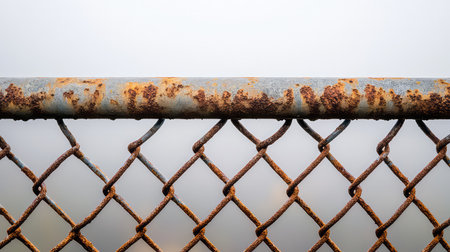 A captivating close-up of a rusty chain link fence showcasing its textured surface and intricate details against a softly blurred background.の素材