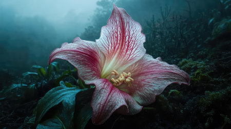 A stunning red and white flower blooms gracefully amidst a foggy forest, showcasing intricate details and vibrant colors that embody natureの素材