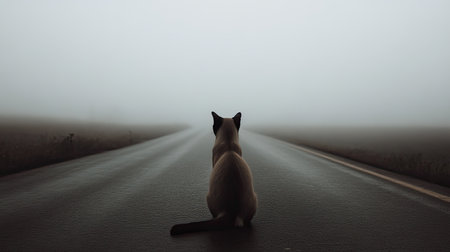 A serene image of a cat sitting alone on an empty road, enveloped in thick fog. This mysterious landscape evokes feelings of solitude and calmness, perfect for nature enthusiasts and animal lovers alike.の素材