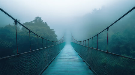 A picturesque suspension bridge arches over a tranquil path surrounded by dense fog and lush greenery. This serene landscape evokes a sense of calm and adventure.の素材