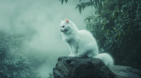 A stunning white cat sits gracefully on a rock amidst a mystical fog, surrounded by lush greenery, creating a serene and tranquil atmosphere.の素材