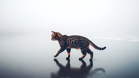 A striped cat gracefully walks along a serene beach during sunrise, surrounded by a mystic fog. The reflections on the wet sand capture a tranquil moment in nature.の素材