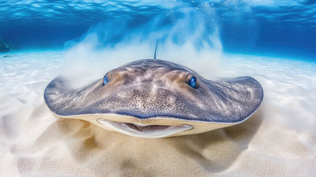 A stunning close-up of a stingray swimming gracefully over a sandy ocean floor. The crystal clear turquoise water enhances the serene beauty of this marine creature.の素材