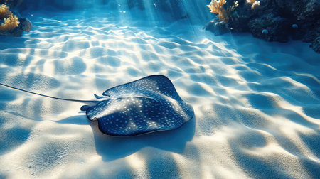 A stunning stingray glides effortlessly over the sandy ocean floor, illuminated by playful rays of sunlight filtering through clear waters, creating an enchanting underwater scene.の素材