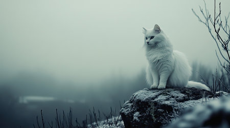 A captivating image of a white cat perched gracefully on a rock, surrounded by a foggy winter landscape. The serene scene evokes a sense of peace and tranquility in nature.の素材
