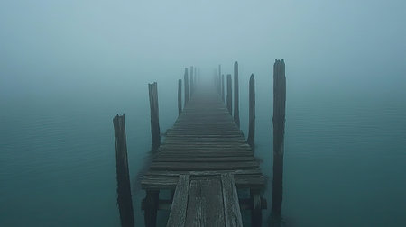 A serene foggy pier extends into still water, evoking a sense of tranquility and mystery. The ambiance captures natureの素材