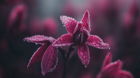 This stunning close-up captures pink flowers adorned with delicate dew drops, creating a mesmerizing effect in soft natural light. Perfect for floral themes.の素材