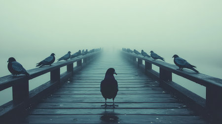 This eerie image features a foggy pier surrounded by birds, creating a tranquil atmosphere that captures the essence of solitude in nature.の素材