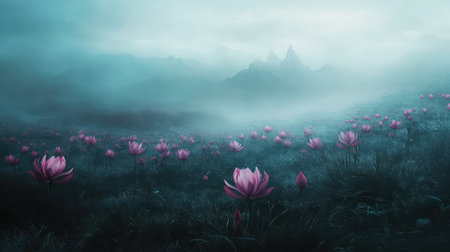This captivating landscape features a serene field of vibrant pink flowers against a backdrop of misty mountains. The ethereal atmosphere creates a dreamlike sense of tranquility, perfect for nature lovers and artistic inspiration.の素材