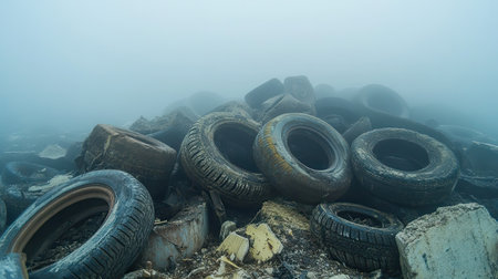 A dense fog envelops a sprawling heap of discarded old tires, illustrating the pressing issues of waste management and environmental pollution.の素材