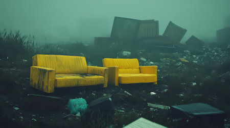 This striking image captures two abandoned yellow sofas in a foggy dump, surrounded by piles of trash and debris, evoking a sense of neglect and desolation.の素材