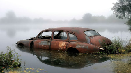 This image captures an abandoned rusty car partially submerged in a calm, foggy lake, surrounded by vibrant greenery, evoking feelings of nostalgia and decay.の素材