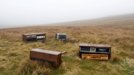This image captures abandoned vintage technology scattered across a fog-laden landscape. The overgrown grass and rusty relics evoke a sense of nostalgia and isolation.の素材