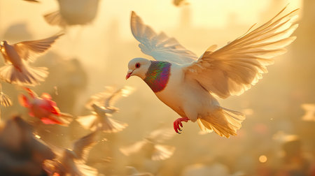A stunning image featuring a majestic dove soaring gracefully among a flurry of birds, set against a warm golden sunset that bathes the scene in soft light.の素材