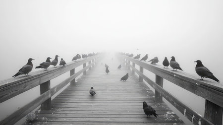 A tranquil scene of a fog-covered pier with crows perched on wooden planks, evoking a mysterious and serene atmosphere perfect for contemplation.の素材