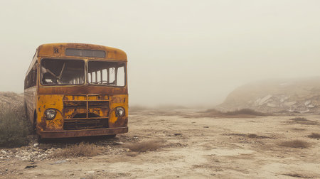An abandoned yellow bus sits in a foggy landscape, surrounded by overgrown vegetation and decay, evoking a sense of nostalgia and mystery.の素材