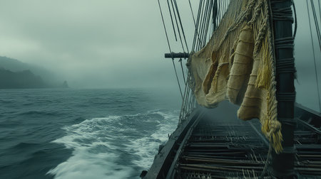 An ancient ship glides through misty waters, its tattered sail billowing gently in the breeze. The tranquil ocean scene evokes a sense of adventure and exploration, capturing the beauty of nature and maritime heritage.の素材