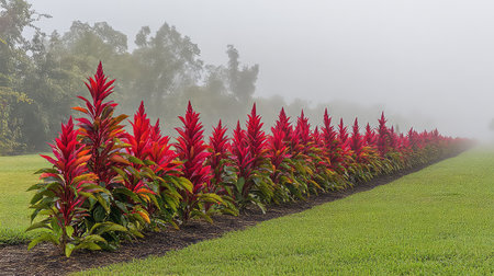 A stunning row of vibrant red leaf plants is set against a foggy backdrop, creating a beautiful contrast with the lush green field. The serene atmosphere enhances the natural beauty and tranquility of the landscape.の素材
