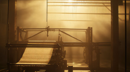 This captivating image captures an old loom bathed in warm light, creating a serene atmosphere in a workshop. Dust particles dance in the beams of sunlight, reflecting a sense of craftsmanship and history.の素材