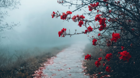 A captivating scene featuring vibrant red flowers blooming beside a mist-covered pathway, creating a serene ambiance in natureの素材