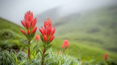 A picturesque scene featuring vibrant red flowers in sharp focus against a backdrop of lush green hills and soft mist, showcasing nature's beauty.の素材