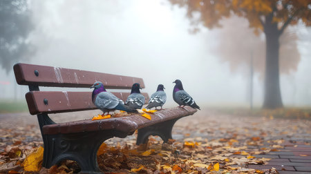 A serene scene featuring a group of birds resting on a bench surrounded by mist and colorful autumn leaves, creating a peaceful park atmosphere.の素材