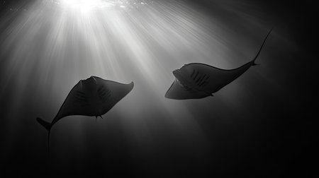 This captivating black and white image features two manta rays swimming gracefully through ethereal underwater light beams, creating a serene atmosphere.の素材