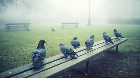 A serene and tranquil foggy park scene featuring several pigeons perched on a wooden bench, evoking a sense of calm and solitude in nature.の素材