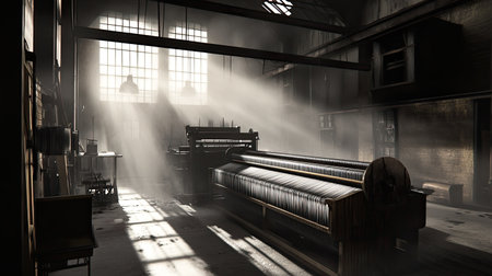 An atmospheric scene capturing sunlight streaming through large windows in an old textile mill, highlighting vintage machinery and dust particles in the air.の素材