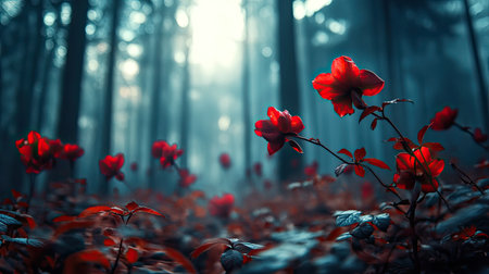 This captivating image features bright red flowers blooming in a foggy forest, surrounded by towering trees and soft, diffused light, creating a serene atmosphere.の素材