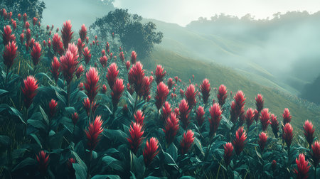 A captivating view of vibrant red ginger flowers blooming in a lush green landscape, set against misty hills that create a tranquil and serene atmosphere.の素材