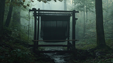 A captivating forest scene featuring a loom surrounded by mist and trees, showcasing the beauty of nature and artisanal crafting in a tranquil atmosphere.の素材