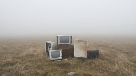 A collection of abandoned vintage televisions stands in a foggy field, emphasizing themes of environmental decay and the contrast between technology and nature.の素材