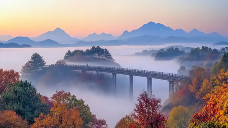 Captivating autumn scenery featuring a bridge over a misty river surrounded by majestic mountains at sunrise, showcasing vibrant foliage and tranquility.の素材
