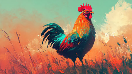 A stunning illustration of a colorful rooster standing in a serene landscape at sunrise. The vibrant colors and artistic expression capture the essence of traditional farm life.の素材
