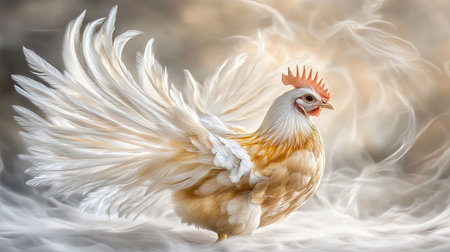 A stunning portrait of a majestic chicken, showcasing fluffy feathers and a graceful tail, set in a dreamy, soft-focus environment. The vibrant colors and intricate details captivate the viewer.の素材