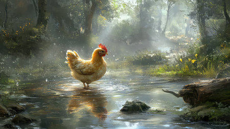 A solitary chicken stands gracefully in a peaceful forest stream, surrounded by mist and soft sunlight, reflecting nature's beauty and tranquility.の素材