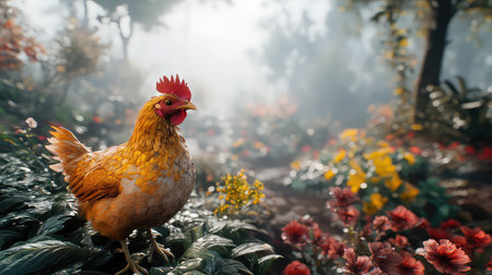 A vibrant rooster stands proudly among colorful flowers in a serene garden setting. Soft fog enhances the tranquil atmosphere, showcasing nature's beauty.の素材