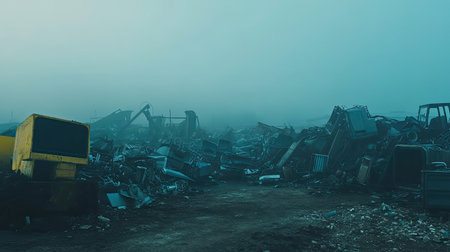 This image captures a desolate junkyard shrouded in fog, showcasing an eerie atmosphere filled with piles of debris and abandoned vehicle parts.の素材