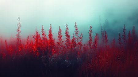 A stunning depiction of vibrant red flora emerging from a dreamy, misty landscape, creating a serene and atmospheric scene in nature.の素材