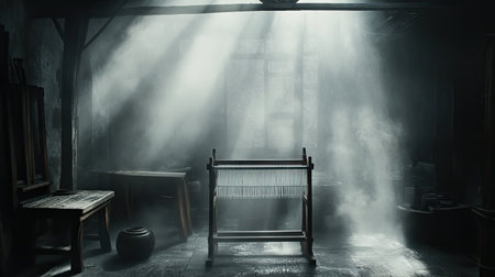 A serene artist's workshop illuminated by soft sunlight beams, highlighting a loom and creating a tranquil atmosphere for craftsmanship and creativity.の素材