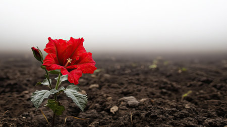 This striking image showcases a vibrant red flower rising from dark soil, enveloped in a misty atmosphere, evoking feelings of solitude and natural beauty.の素材