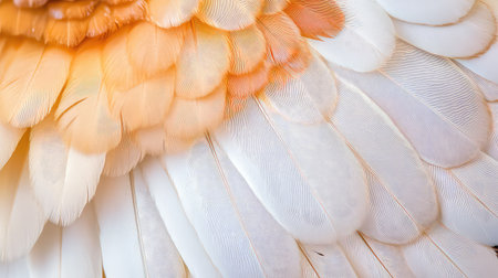This close-up image features the intricate details of feathers with shades of white and gentle orange, highlighting the beauty of nature's textural patterns.の素材