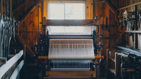 A vintage loom sits in a rustic workshop, illuminated by natural light filtering through a nearby window. The wooden surroundings enhance the artistic atmosphere, perfect for textile production and craft enthusiasts.の素材