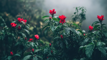 This captivating image features vibrant red flowers amidst lush green foliage in a serene and misty forest environment, evoking tranquility.の素材