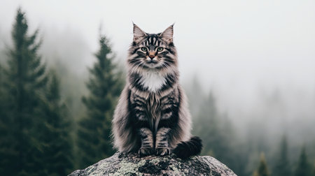 A majestic cat sits atop a rock in a foggy forest, surrounded by tall pine trees. This serene scene captures the essence of tranquility and nature.の素材