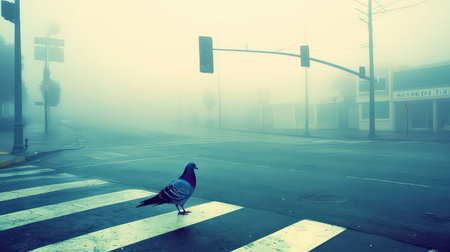 A serene urban scene captures a solitary pigeon at a crosswalk on an empty street shrouded in thick fog, evoking a sense of tranquility and stillness.の素材