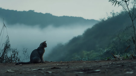A serene grey cat sits quietly on the ground, gazing into the distant fog-covered hills at dawn, capturing a moment of peaceful solitude in nature.の素材