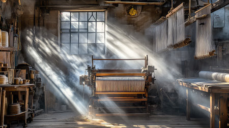 This image captures a vintage weaving workshop with beams of sunlight filtering through a window, illuminating a beautifully crafted loom and creating a serene atmosphere full of creativity and heritage.の素材